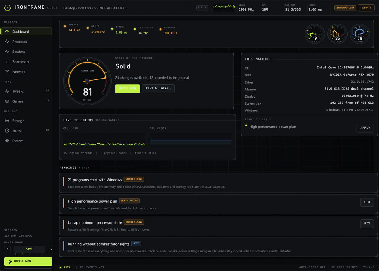 IronFrame dashboard with the power mode stepper set to Power save, its five positions marked underneath