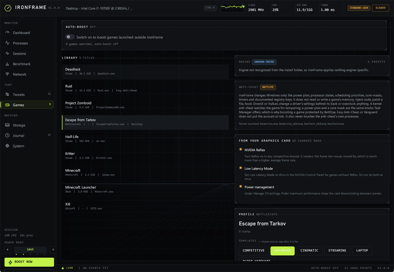 IronFrame game library with Escape from Tarkov selected, labelled BattlEye, and the safety note beside its profile