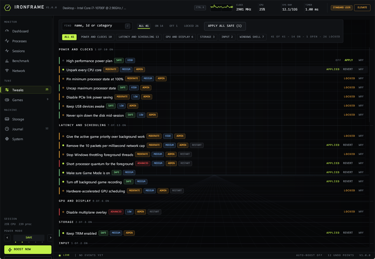 IronFrame tweak catalogue grouped by power, latency, GPU, storage and input, each row tagged by risk