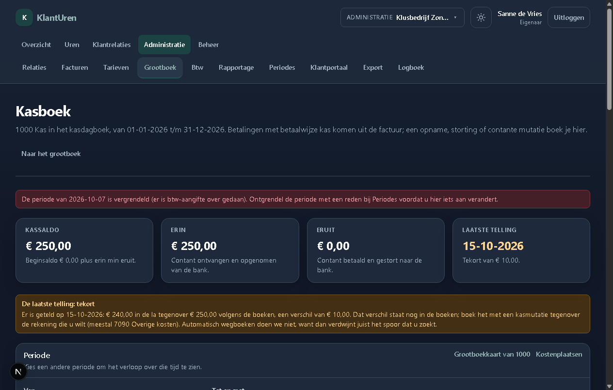 KlantUren bookkeeping screen showing cashbook totals and a locked accounting period