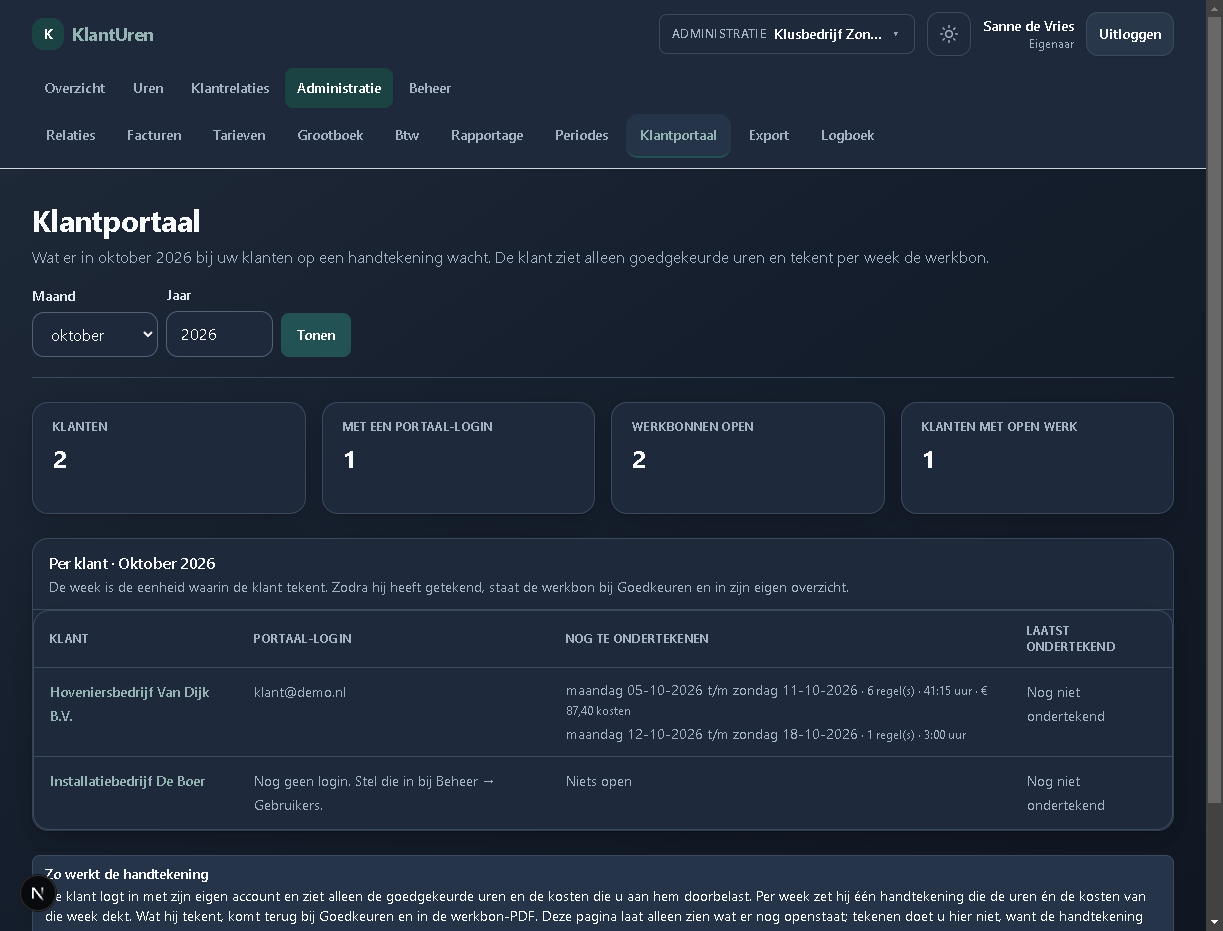 KlantUren customer portal showing client work orders awaiting weekly approval