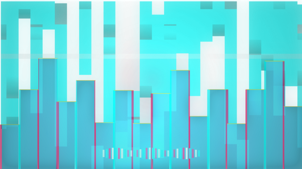 Glitch City visualiser: a bright cyan skyline with animated bars