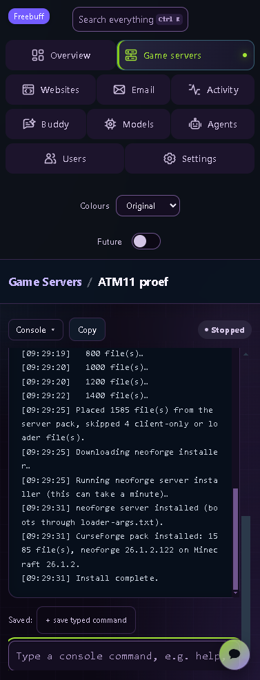 PlayPort running a Minecraft server, with its live console and game-server controls visible