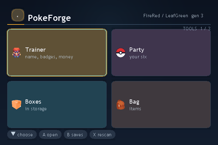 PokeForge handheld menu with Trainer, Party, Boxes and Bag save tools